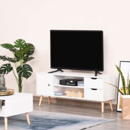 HOMCOM Modern TV Stand Media Console Table Cabinet Storage Shelf Drawers in White - thumbnail 1