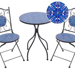 Wyld and Coco Heritage Garden Bistro Set Black Iron Table Blue Mosaic Top - thumbnail 2