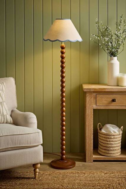 ValueLights Bobbin Colour Trim Linen Shade Walnut Bobble Floor Lamp in Baby Blue - image 1