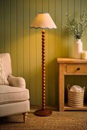 ValueLights Bobbin Colour Trim Linen Shade Walnut Bobble Floor Lamp in Baby Blue - thumbnail 2