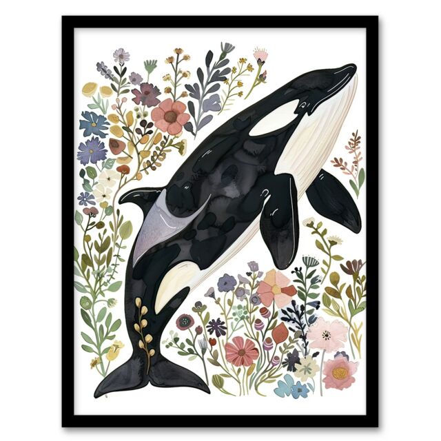 "Artery8 Orca Killer Whale with Wildflowers Bright Floral Framed Wall Art - Size: W12"" x H16""" - image 1