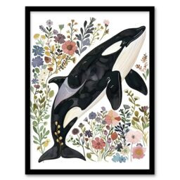 "Artery8 Orca Killer Whale with Wildflowers Bright Floral Framed Wall Art - Size: W12"" x H16""" - thumbnail 1