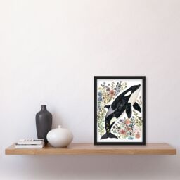 "Artery8 Orca Killer Whale with Wildflowers Bright Floral Framed Wall Art - Size: W12"" x H16""" - thumbnail 4