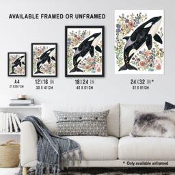 "Artery8 Orca Killer Whale with Wildflowers Bright Floral Framed Wall Art - Size: W12"" x H16""" - thumbnail 3
