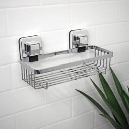Showerdrape Pushloc Chrome Steel Suction Wall Mounted Rectangular Basket in Silver