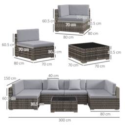 OUTSUNNY 7PC Rattan Garden Furniture Set Coffee Table Buckle Structure in Grey - thumbnail 3
