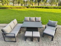 Fimous Aluminum 10-Seater Patio Set with Lifting Table & 3 Footstools in Dark Grey - thumbnail 2