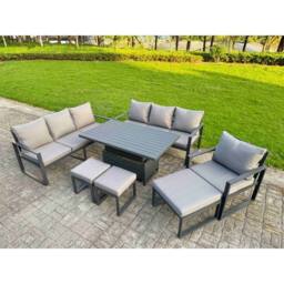 Fimous Aluminum 10-Seater Patio Set with Lifting Table & 3 Footstools in Dark Grey - thumbnail 1