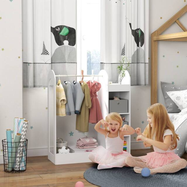 AIYAPLAY Kids Cloth Rail with Storage Shelf, Boxes, Mirror for Bedroom in White - image 1