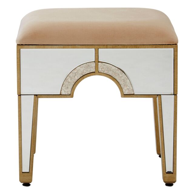 Orsina Art Deco Stool With Mirrored Panels, Champagne Upholstered Bar Stool, Luxe Counter Seat Stool, Decorative Seat in Gold - image 1