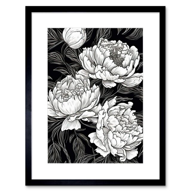 "Artery8 Wall Art Print Peony Flower Blooms White on Black Artwork Framed 9X7 Inch - Size: W7"" x H9""" - image 1