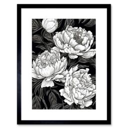 "Artery8 Wall Art Print Peony Flower Blooms White on Black Artwork Framed 9X7 Inch - Size: W7"" x H9""" - thumbnail 1