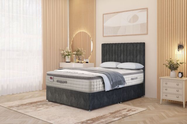 "Somnior Eleanor Tweed Divan Bed Set with Pillowtop Mattress & 54"" Headboard in Charcoal - Size: King" - image 1