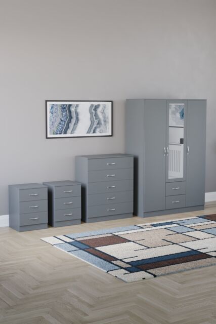Home Discount Vida Designs 4Pc Bedroom Set 2x3Bedside, 5 Drawer, 3Dr Mirror Wardrobe in Grey - image 1