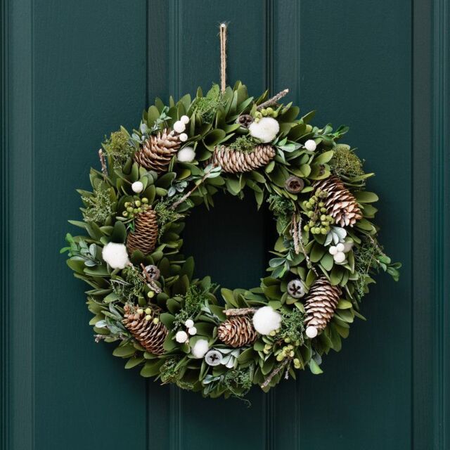 Scottish Everlastings Ltd 38cm Faux Cotton Ball Wood Shaven Wreath in White - image 1