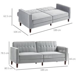 HOMCOM Convertible Sofa Futon Velvet-Touch Tufted Couch Sofa Bed Split Back in Light Grey - thumbnail 3