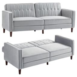 HOMCOM Convertible Sofa Futon Velvet-Touch Tufted Couch Sofa Bed Split Back in Light Grey - thumbnail 2