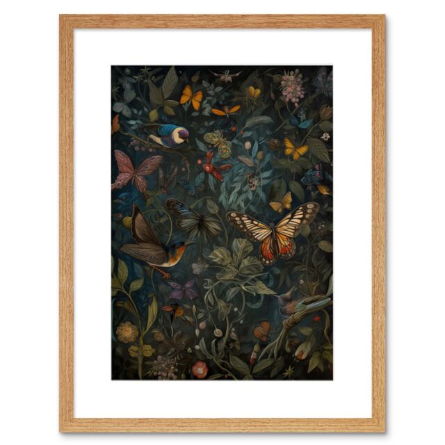 "Artery8 Wall Art Print William Morris Style Plants Birds & Butterflies Artwork Framed 9X7 Inch in Beige - Size: W7"" x H9""" - image 1