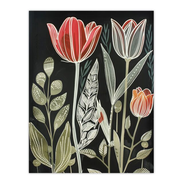 "Artery8 Tulip Flower Field Red Green Grey Folk Art Floral Wall Art Print - Size: W24"" x H32""" - image 1