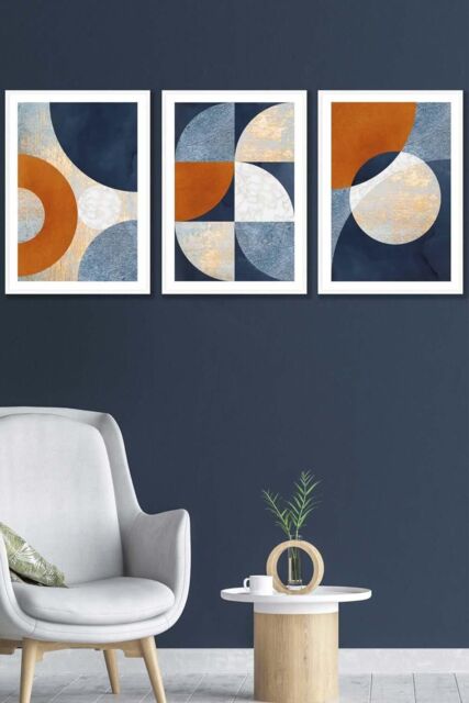 ARTZE Geometric Abstract Textured Circles in Navy Blue Orange Gold Framed Wall Art - Medium in White - Size: W45 cm x H62 cm x D20mm - image 1