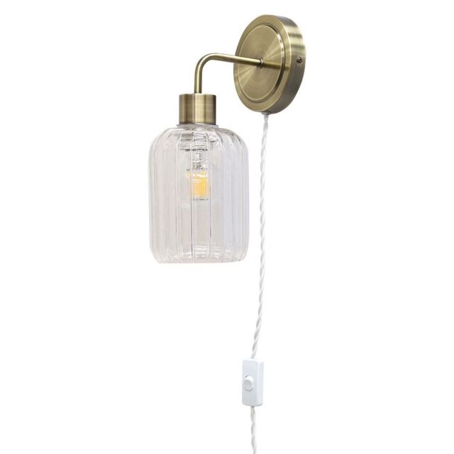 First Choice Lighting Toby - Antique Brass Plug in Wall Light & Lozenge Ribbed Glass Shade in Gold - image 1