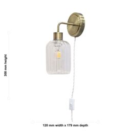 First Choice Lighting Toby - Antique Brass Plug in Wall Light & Lozenge Ribbed Glass Shade in Gold - thumbnail 5