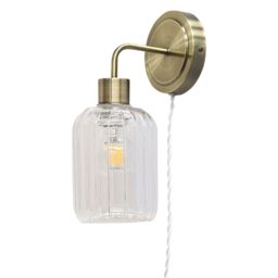First Choice Lighting Toby - Antique Brass Plug in Wall Light & Lozenge Ribbed Glass Shade in Gold - thumbnail 2
