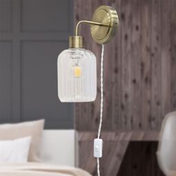 First Choice Lighting Toby - Antique Brass Plug in Wall Light & Lozenge Ribbed Glass Shade in Gold - thumbnail 3