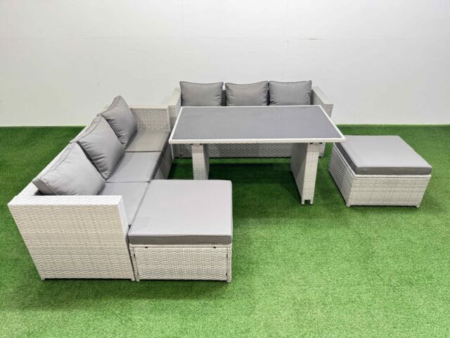Fimous 8-seater Patio Rectangular Table Sofa Set with 2 Big Stools in Light Grey - image 1