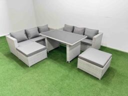 Fimous 8-seater Patio Rectangular Table Sofa Set with 2 Big Stools in Light Grey - thumbnail 2