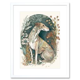 "Artery8 Wall Art Print Greyhound Dog in Flower Field Modern Pastel Boho Watercolour Artwork Framed 9X7 Inch in White - Size: W7"" x H9""" - thumbnail 1