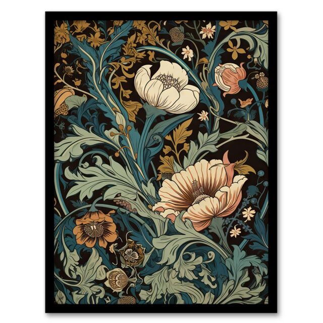Artery8 Wall Art Print Flowers & Leaves Modern Art Nouveau Painting Detail Pastel Colour Teal Blue Orange Pink Autumn Blooms Art Framed - Size: A4 - image 1
