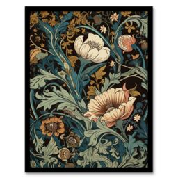 Artery8 Wall Art Print Flowers & Leaves Modern Art Nouveau Painting Detail Pastel Colour Teal Blue Orange Pink Autumn Blooms Art Framed - Size: A4 - thumbnail 1