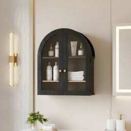 KORVIXA Arched Storage Cupboard Hanging Cabinet with Doors in Black - Size: W600mm x H600mm - thumbnail 3