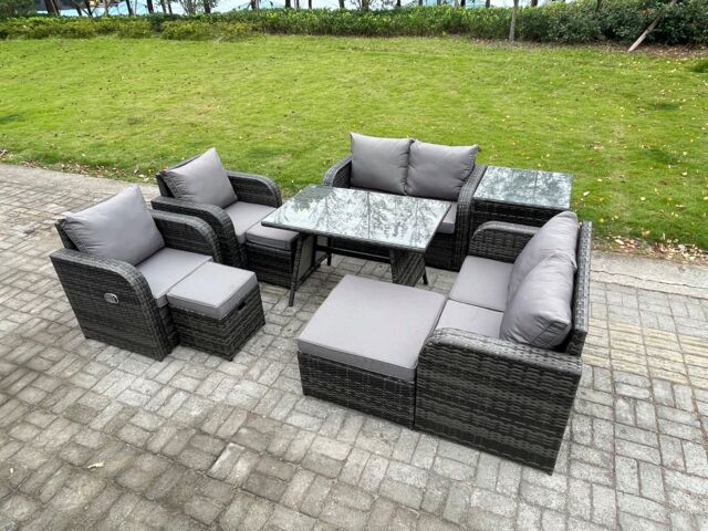 Fimous 9 Seater Wicker PE Rattan Garden Dining Set Outdoor Furniture Sofa with Dining Table Side Table 3 Footstools Dark Grey Mixed - image 1