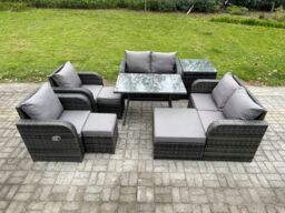 Fimous 9 Seater Wicker PE Rattan Garden Dining Set Outdoor Furniture Sofa with Dining Table Side Table 3 Footstools Dark Grey Mixed - thumbnail 2