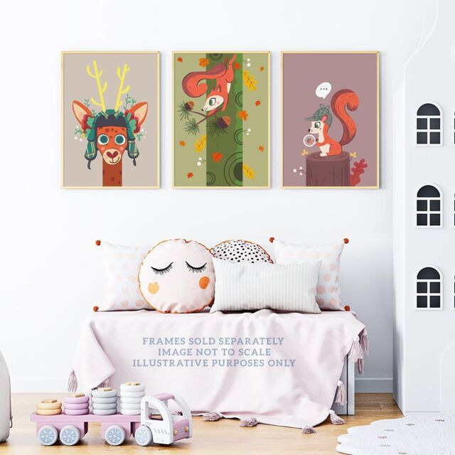 Wall Art Print Pack of A4 Kids Bedroom Nursery Cute Woodland