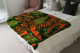Benjamin Tate Design Green Tropical Leaves On Orange Blanket in Natural - Size: 120 cm x 150 cm - thumbnail 3