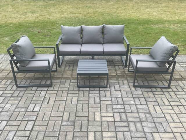 Fimous Aluminium Outdoor Garden Furniture Set Lounge Sofa 2 PC Chairs Square Coffee Table Sets Dark Grey - image 1