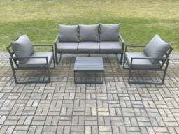 Fimous Aluminium Outdoor Garden Furniture Set Lounge Sofa 2 PC Chairs Square Coffee Table Sets Dark Grey - thumbnail 1