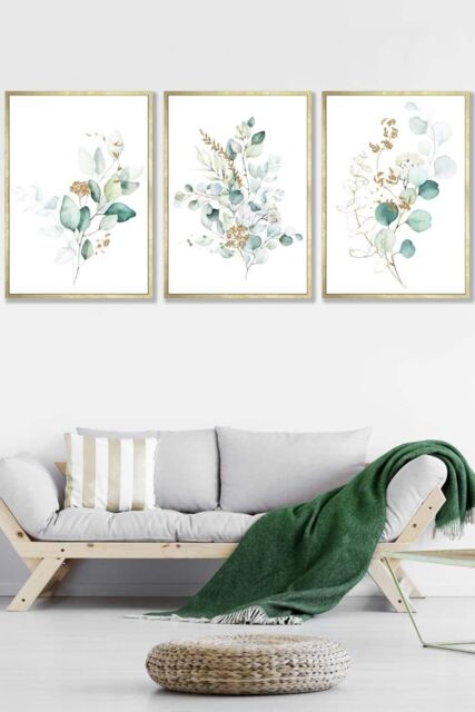ARTZE Set of 3 Gold Framed Green Blue Watercolour Eucalyptus Set 1 Wall Art in Light Green - Size: W45 cm x H62 cm x D20mm - image 1