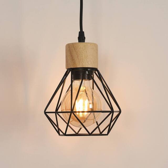 COMELY Vintage Industrial Pendant Light, Retro Iron & Wood Cage Design, E27 in Black - image 1