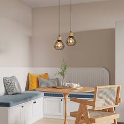 COMELY Vintage Industrial Pendant Light, Retro Iron & Wood Cage Design, E27 in Black - thumbnail 4