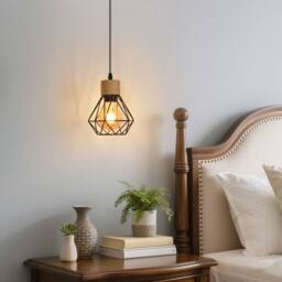 COMELY Vintage Industrial Pendant Light, Retro Iron & Wood Cage Design, E27 in Black - thumbnail 2