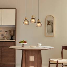 COMELY Vintage Industrial Pendant Light, Retro Iron & Wood Cage Design, E27 in Black - thumbnail 3