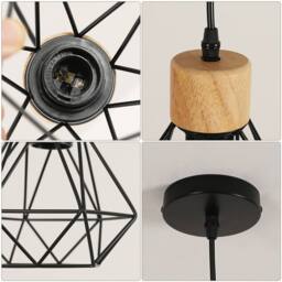 COMELY Vintage Industrial Pendant Light, Retro Iron & Wood Cage Design, E27 in Black - thumbnail 9