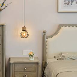 COMELY Vintage Industrial Pendant Light, Retro Iron & Wood Cage Design, E27 in Black - thumbnail 6