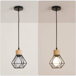 COMELY Vintage Industrial Pendant Light, Retro Iron & Wood Cage Design, E27 in Black - thumbnail 8