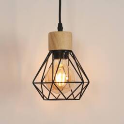 COMELY Vintage Industrial Pendant Light, Retro Iron & Wood Cage Design, E27 in Black