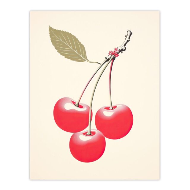 "Wee Blue Coo Wall Art Print Red Smudge Cherries on Stem with Leaf Bright Pink Alabaster Green Retro Kitchen Painting Poster - Size: W18"" x H24""" - image 1